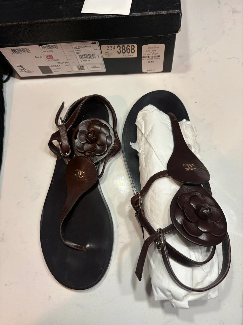 CHANEL Women’s Dark Brown Leather Camellia T-Strap Sandals